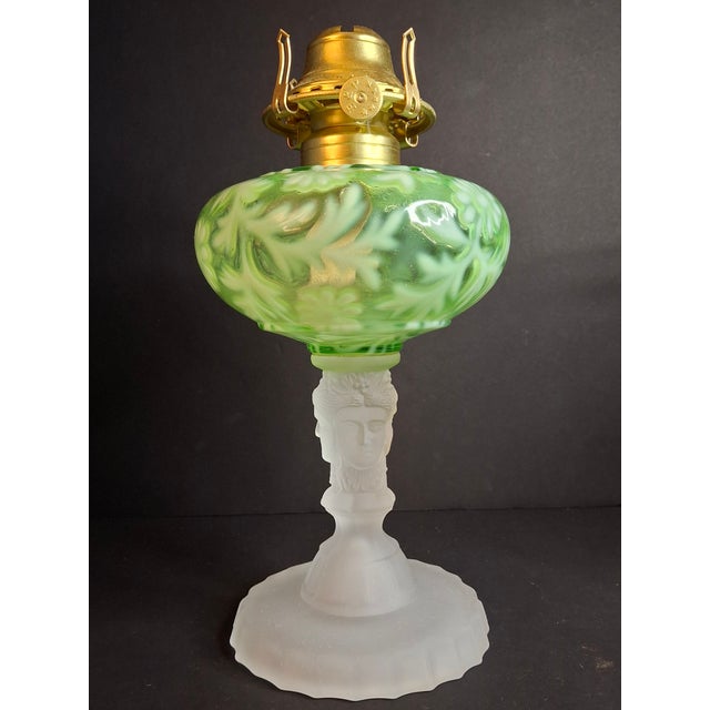 Vintage-Style Green Floral Glass Table Lamp With Frosted Female Head Pedestal Base For Sale In Boston - Image 6 of 13