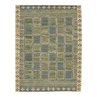 Handmade Flatweave Rug Earthy Sage & Sky Blue Swedish Style Geometric Design For Sale