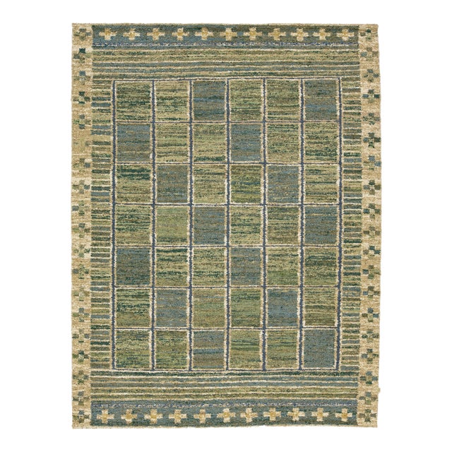 Handmade Flatweave Rug Earthy Sage & Sky Blue Swedish Style Geometric Design For Sale