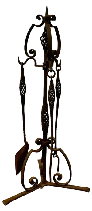 French Gothic Wrought Iron Manor House Fire Tool Companion Set, 1830