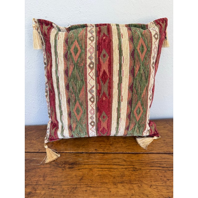 Rustic Late 20th Century Kilim Style Striped Chenille Pillow With Gold Tassels For Sale - Image 3 of 4