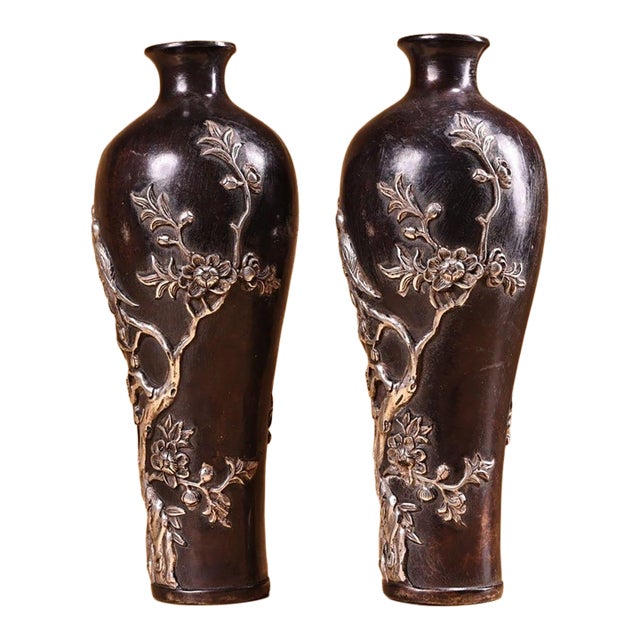 Pair of Antique Repoussé Bronze Vases With Silver-Gilt Magpie & Plum Blossom Motifs For Sale