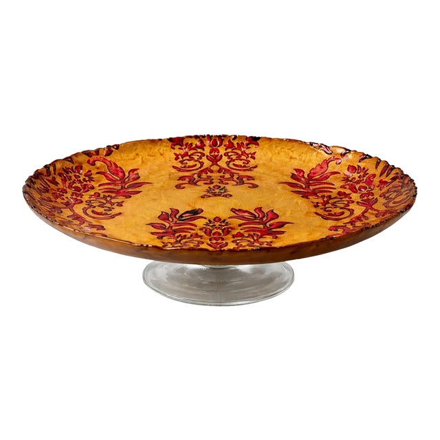 Late 20th Century Hollywood Regency Style Raised Serving Platter With Relief Inlaid Design – 15” Footed Centerpiece For Sale