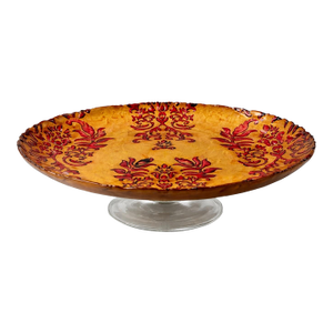 Late 20th Century Hollywood Regency Style Raised Serving Platter With Relief Inlaid Design – 15” Footed Centerpiece