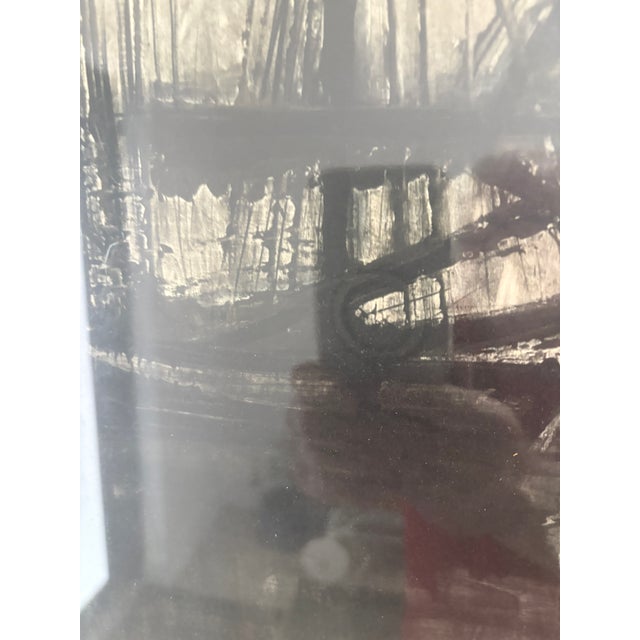 Wood 1960s Harbor Scene in Manner of Bernard Buffet Signed Print For Sale - Image 7 of 11