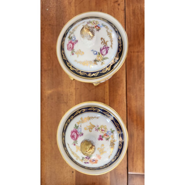 Vintage Continental Cobalt & Gilt Porcelain Covered Urns, Sèvres Style — A Pair For Sale - Image 17 of 18