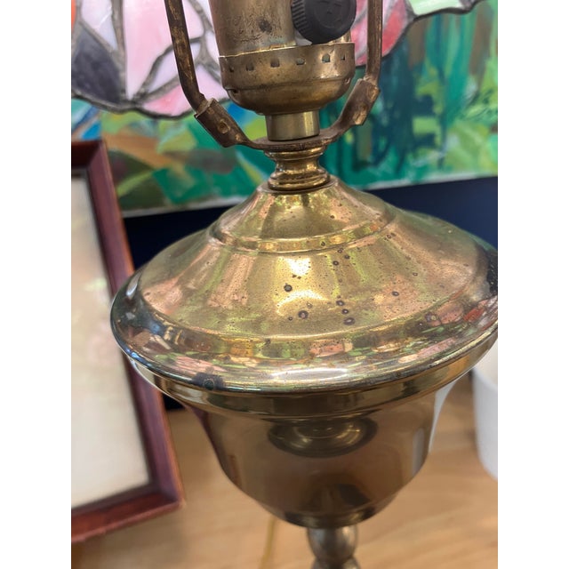 Brass Late 20th Century Tiffany-Style Stained Glass Lamp For Sale - Image 8 of 13