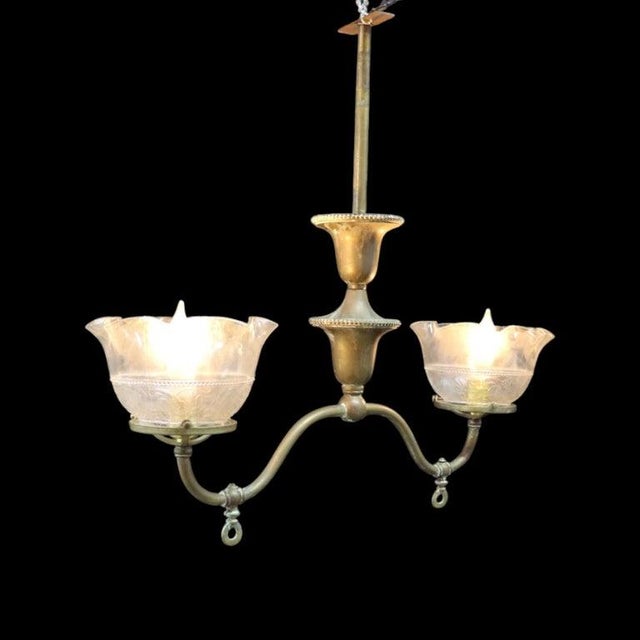 Brass 2-Arm Electrified Gas Chandelier With Pressed Glass Shades C1890 For Sale - Image 9 of 10