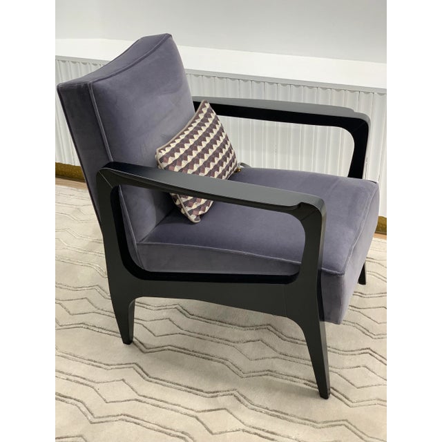 Wood Art Deco Style Black Ebony Finish and Grey Cotton Velvet Atena Armchair by Casa Botelho For Sale - Image 7 of 11