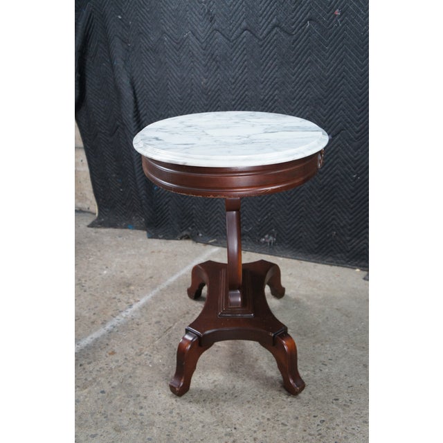 1970s 2 Victorian Revival Cherry Marble Top Lyre Harp Hall Entry Parlor Console Tables For Sale - Image 11 of 13