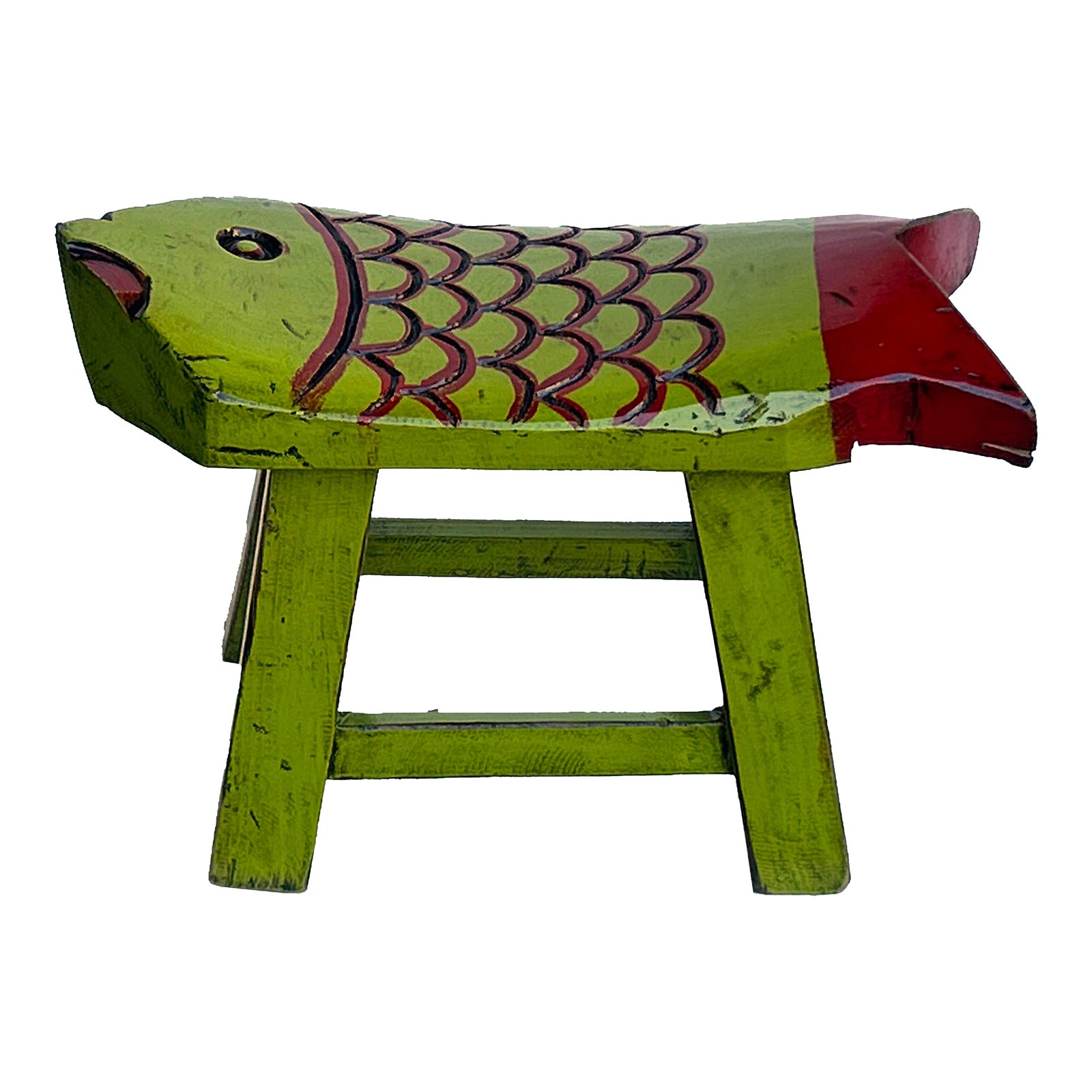 Distressed Lime Green Red Head Tail Small Fish Shape Wood Stool | Chairish