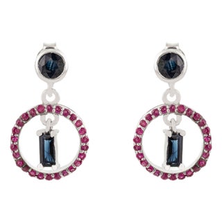 Caratandher Modernist Sterling Silver Ruby & Blue Sapphire Circle Drop Earrings- 2 Pieces For Sale