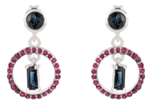 Caratandher Modernist Sterling Silver Ruby & Blue Sapphire Circle Drop Earrings- 2 Pieces