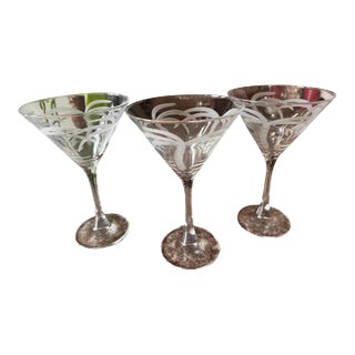 1990s Rolf France Clear Crystal Palm Tree Etched Glass Martini Glasses- Set of 3 For Sale