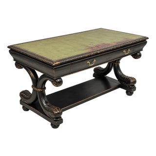 19th-C. English Regency Ebonized Library Table Desk Console Green Leather Top For Sale