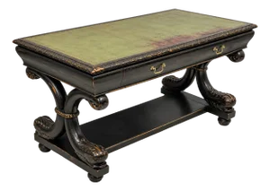 19th-C. English Regency Ebonized Library Table Desk Console Green Leather Top