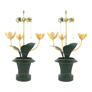 A Pair of Vintage Brunschwig & Fils Green Tole Flower Table Lamps For Sale