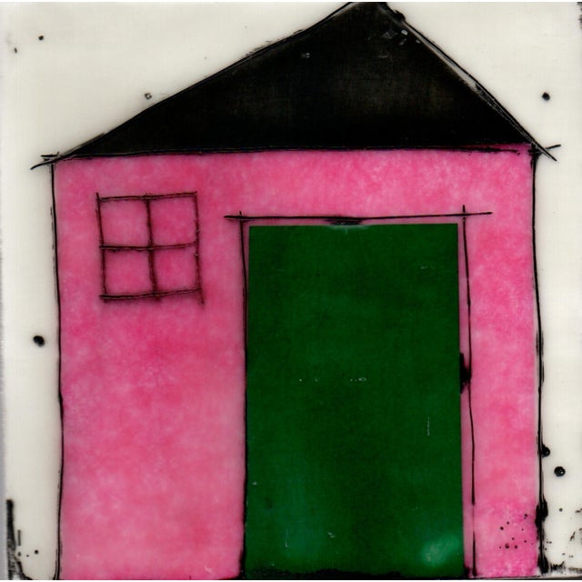 Encaustic Collage Collection by Gina Cochran - "Tiny Dwellings" Series - Kiwi & Flamingo - Set of 7 For Sale - Image 9 of 9