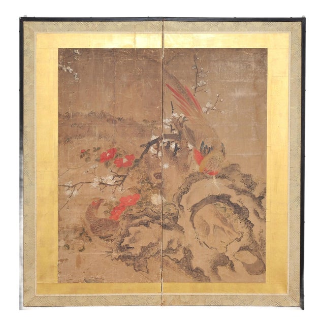 18th C. Japanese Edo Two-Panel Screen Pheasants Floral Landscape For Sale