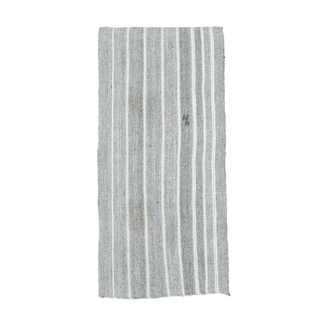 Vintage Turkish Hand-Knotted Wool Cotton Gray Kilim Runner Rug For Sale - Image 9 of 9