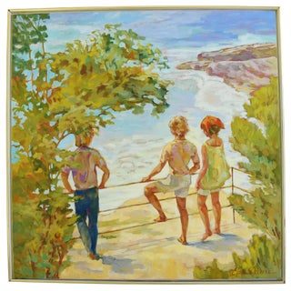 Original Eve Darai, Ocean Bluff View "Red Kerchief" Oil Painting For Sale