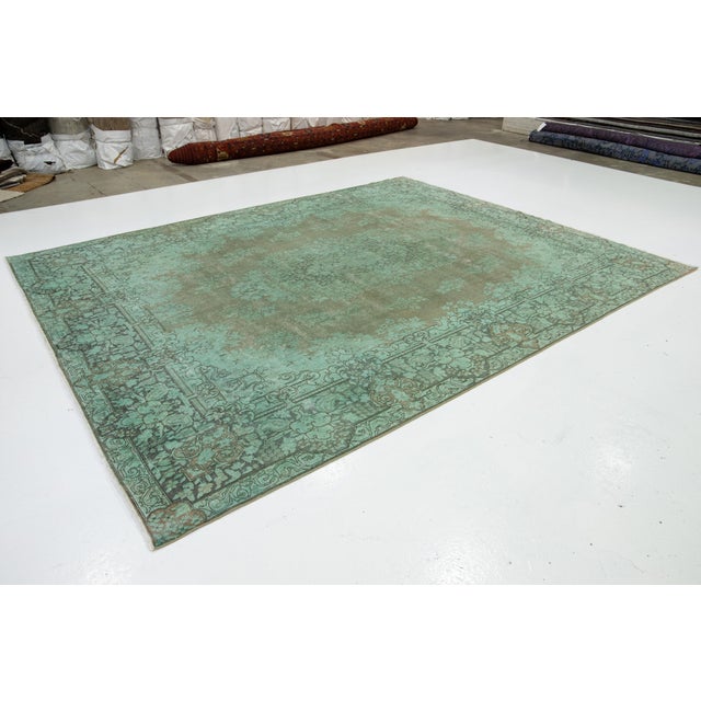 1930s Green Floral Antique Persian Overdyed Wool Rug 10 X 13 For Sale - Image 5 of 10