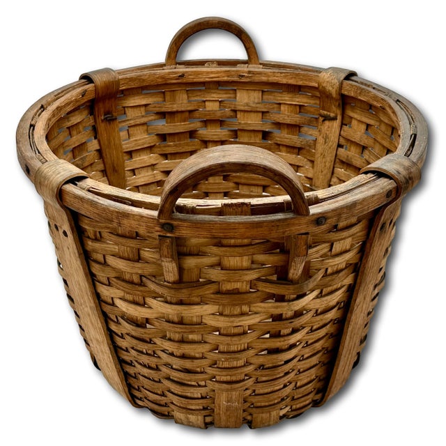 Large Size Substantially Made Antique American Hand Woven Ash Wood Splint Maine Apple Farm Basket For Sale - Image 9 of 18