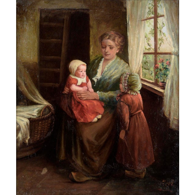Woman with Two Children in Red - Interior Scene in Oil on Canvas Lovely interior scene by notable artist Joseph Tomanek...