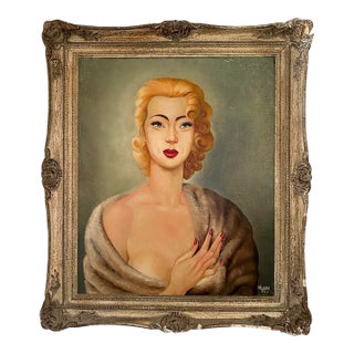 1950s Female Portrait Painting Framed Unique Art Kubra Pin-Up For Sale