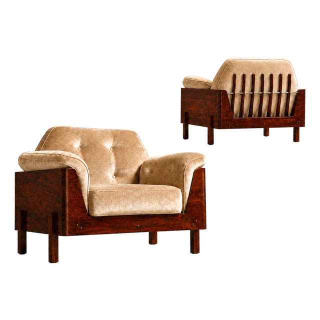 Pair of Brazilian Modern Rosewood and Mohair Armchairs by Bertomeu, 1960s For Sale