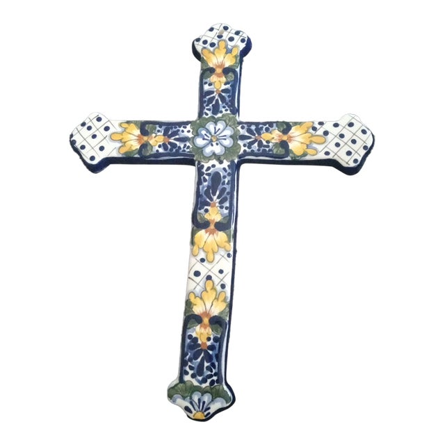 Gorgeous Talavera Mexico Folk Art Crucifix Cross For Sale