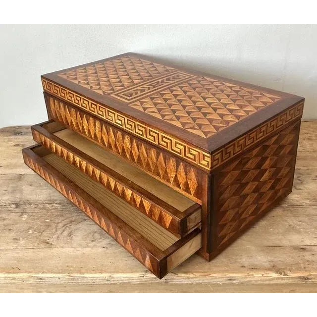 Vintage Boho Greek Key Marquetry Box For Sale - Image 4 of 11