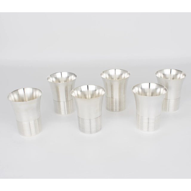 Art Deco Silver Plate Cocktail Shaker and Six Barware Glasses For Sale - Image 11 of 14