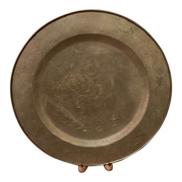 Antique Big & Heavy Chinese Etched Brass Tray Asian Motif For Sale