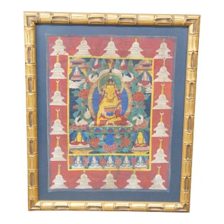 Vintage Tibetan Buddha Thangka Painting Swans Flowers Figures Faux Bamboo Frame For Sale