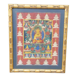 Vintage Tibetan Buddha Thangka Painting Swans Flowers Figures Faux Bamboo Frame