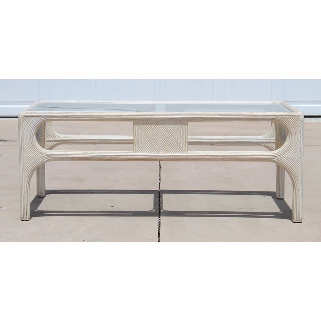 1980s Vintage 1980s Coastal Pencil Reed Rattan & Glass Coffee Table For Sale - Image 5 of 16