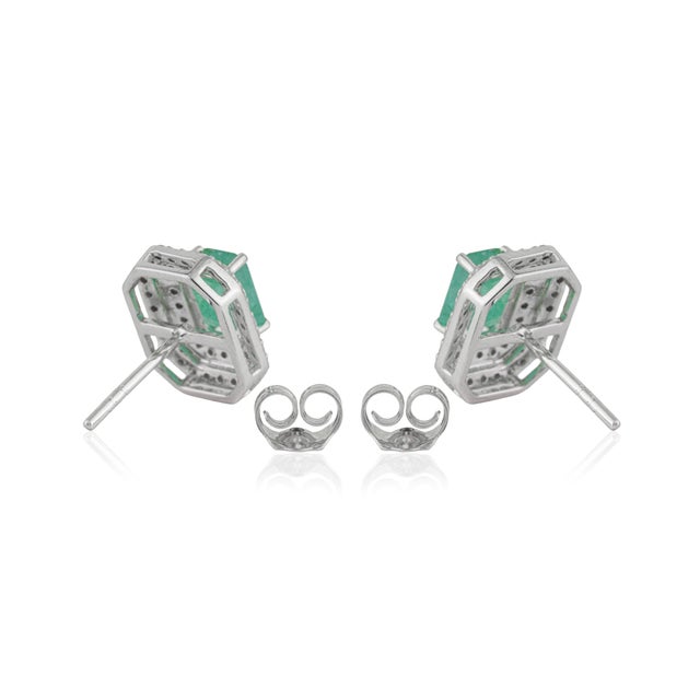 1.3Ct Emerald and Diamond Double Halo Stud Earrings in 14k Gold- A Pair For Sale - Image 10 of 16