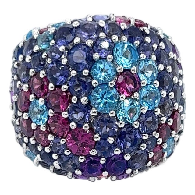 Pasquale Bruni 18k White Gold Multi Color Gems Dome Floral Ring - Size 7 For Sale