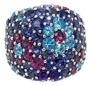 Pasquale Bruni 18k White Gold Multi Color Gems Dome Floral Ring - Size 7