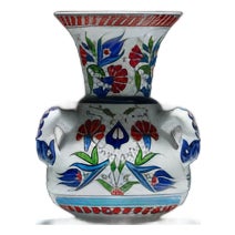 Handmade Ceramic Kandil Vase (20cm) Classic White Floral Triple Handled Form For Sale