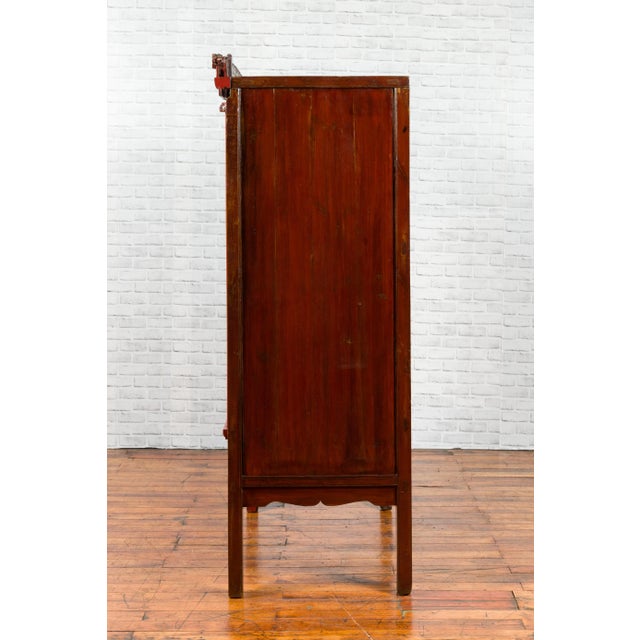 Wood Chinese Qing Dynasty 19th Century Red Lacquered Wedding Cabinet with Carving For Sale - Image 7 of 13