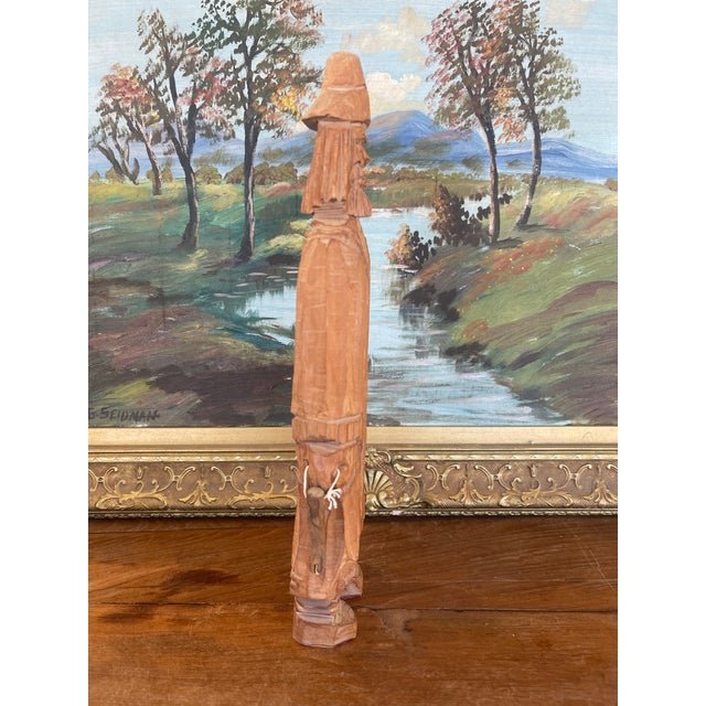 Brown Hand-Carved Vintage Folk Art Wood Figure of Bearded Man With Hat and Carrying a Carved Object. For Sale - Image 8 of 9