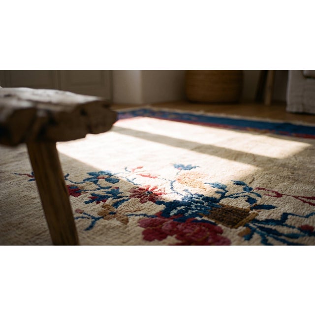 1920s Beige Floral Antique Chinese Art Deco Carpet 9'' X 11'8'' Knotted Wool Rug For Sale - Image 10 of 12
