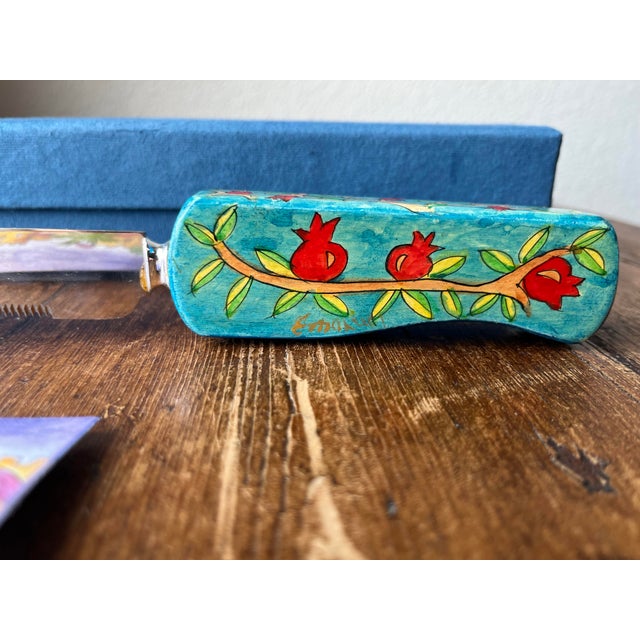 Traditional Yair Emanuel Handpainted Wooden Challah Knife With Stand, Jerusalem for Shabbat For Sale - Image 3 of 10