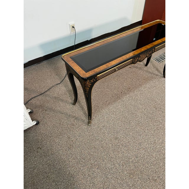 20th Century Chinoiserie Drexel Heritage Ebonized & Burl Wood Console Table For Sale - Image 12 of 13