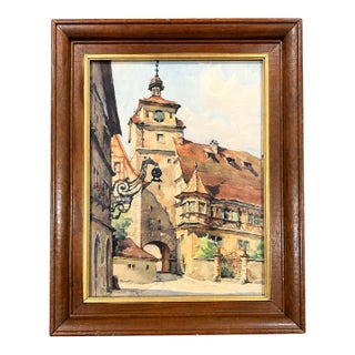 Vintage Mid-Century European Village Street Scene in Wood Frame For Sale