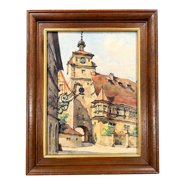 Vintage Mid-Century European Village Street Scene in Wood Frame For Sale