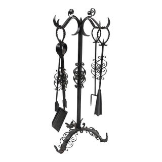 Vintage 5 Pc. Wrought Iron Fireplace Tool Set in the Spanish Style For Sale