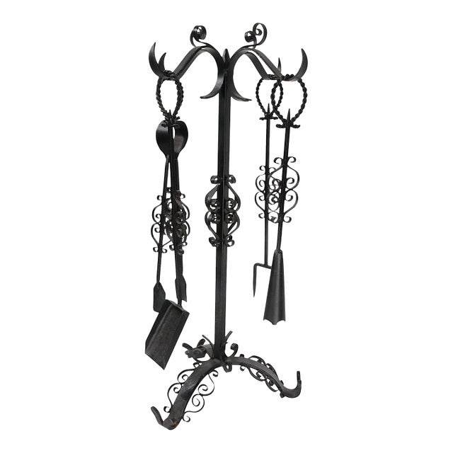Vintage 5 Pc. Wrought Iron Fireplace Tool Set in the Spanish Style For Sale